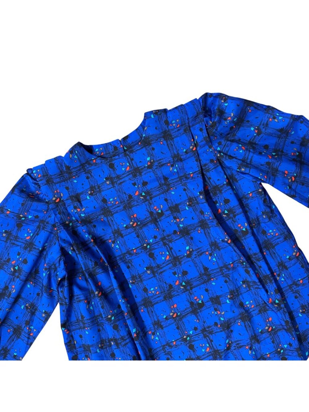 Vintage Blouse Shirts Blue Black Abstract Plaid 80s Long Sleeve Shoulder Pads